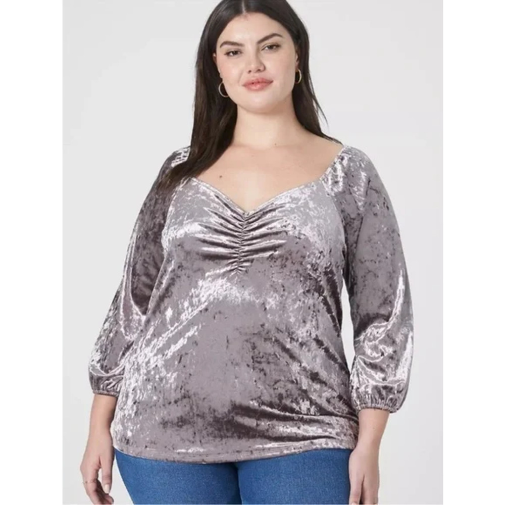 Lane Bryant | Gray Crushed Velvet Sweetheart Neckline Peasant Top